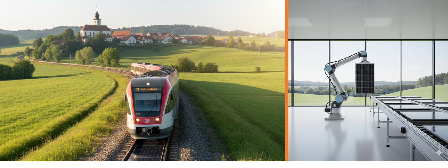 Links: Regionalzug fährt über ein mit Photovoltaik-Modulen bestücktes Gleisbett durch grüne Landschaft. Rechts: Roboterarm montiert ein PV-Modul in einer hellen Produktionshalle.